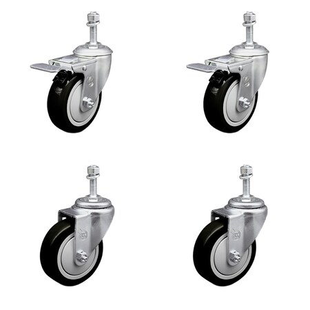 Service Caster 4 Inch SS Black Poly Swivel 10mm Threaded Stem Caster Total Lock Brake, 2PK SCC-SSTSTTL20S414-PPUB-BLK-M1015-2S2